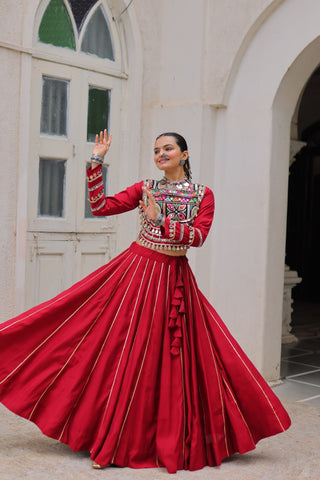 Maroon Navratri Special Roman Fabric Lehenga Choli with Kutchi Gamthi & Mirror Work ClothsVilla