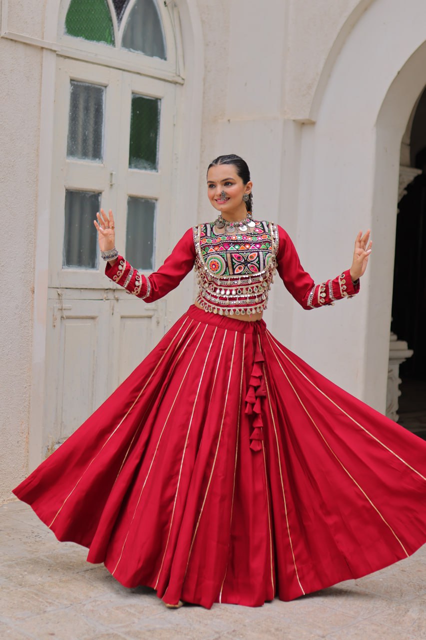 Maroon Navratri Special Roman Fabric Lehenga Choli with Kutchi Gamthi & Mirror Work ClothsVilla
