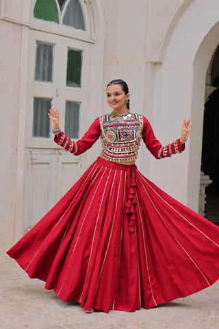 Maroon Navratri Special Roman Fabric Lehenga Choli with Kutchi Gamthi & Mirror Work ClothsVilla