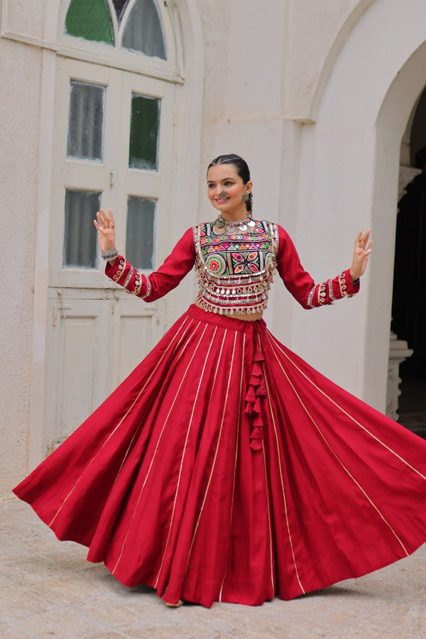 Maroon Navratri Special Roman Fabric Lehenga Choli with Kutchi Gamthi & Mirror Work ClothsVilla
