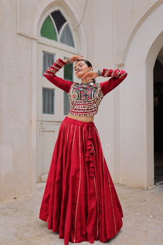 Maroon Navratri Special Roman Fabric Lehenga Choli with Kutchi Gamthi & Mirror Work ClothsVilla