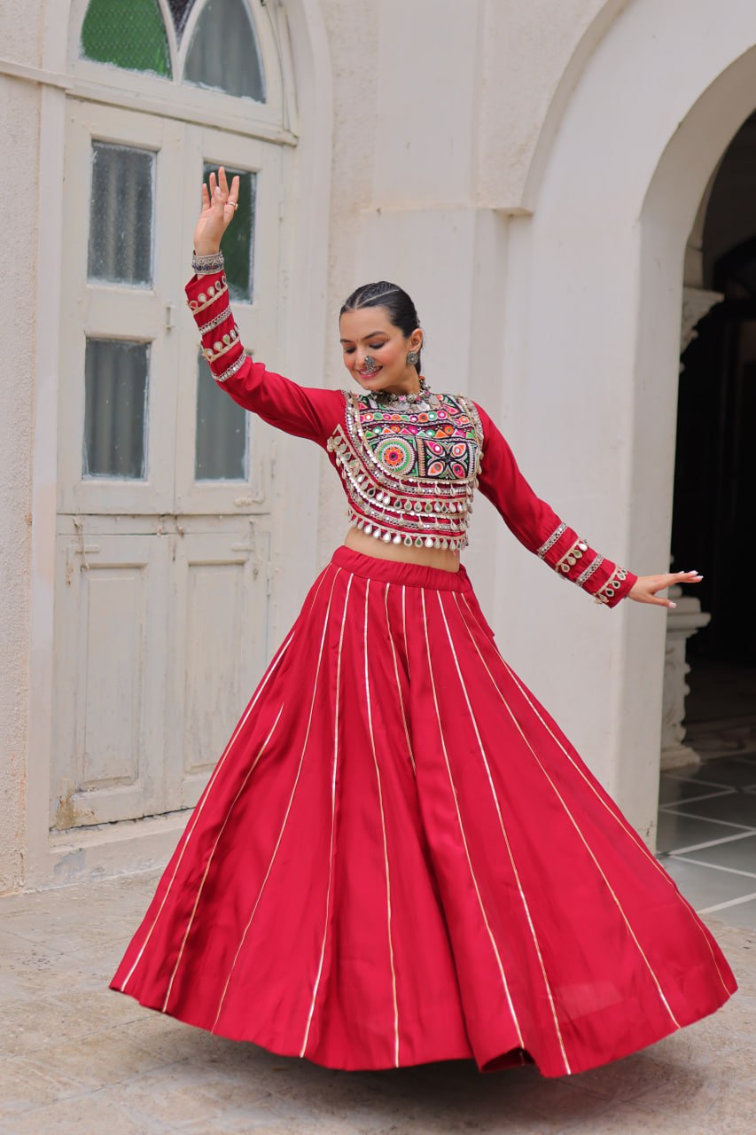 Maroon Navratri Special Roman Fabric Lehenga Choli with Kutchi Gamthi & Mirror Work ClothsVilla