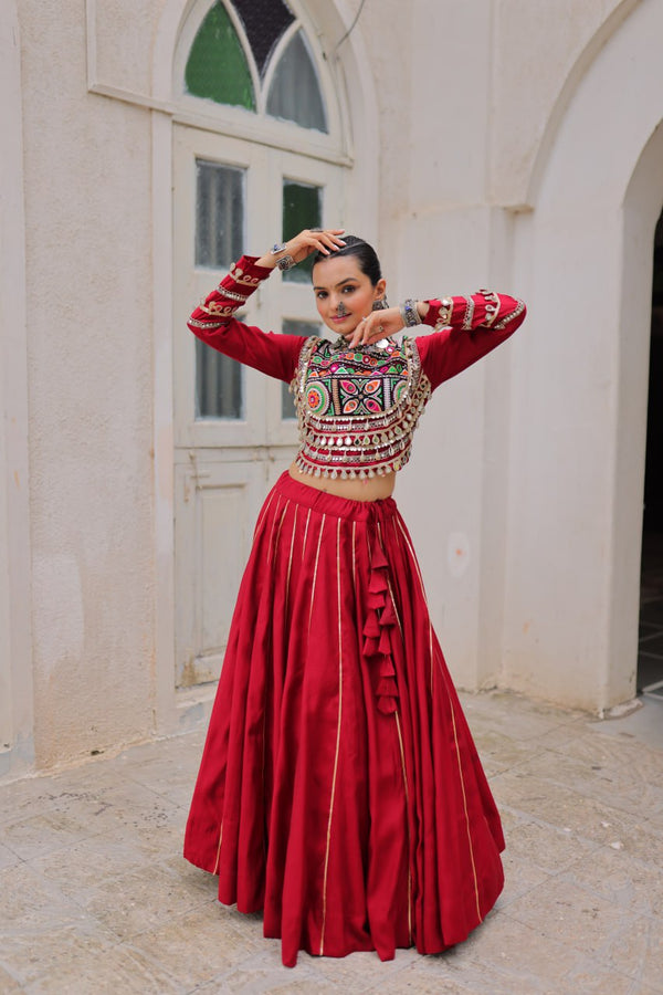 Maroon Navratri Special Roman Fabric Lehenga Choli with Kutchi Gamthi & Mirror Work ClothsVilla