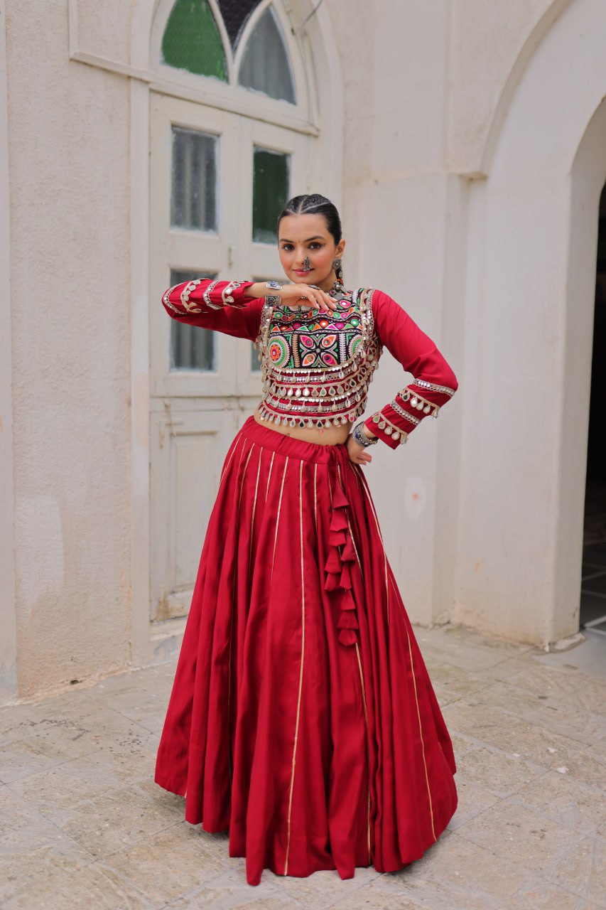 Maroon Navratri Special Roman Fabric Lehenga Choli with Kutchi Gamthi & Mirror Work ClothsVilla