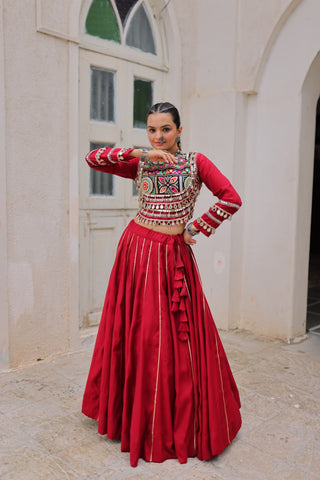 Maroon Navratri Special Roman Fabric Lehenga Choli with Kutchi Gamthi & Mirror Work ClothsVilla