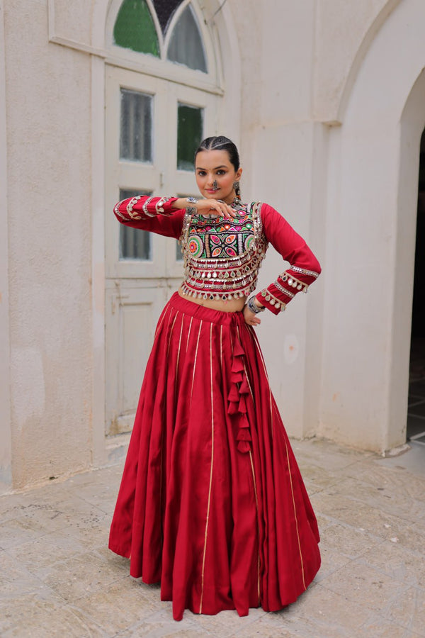 Maroon Navratri Special Roman Fabric Lehenga Choli with Kutchi Gamthi & Mirror Work ClothsVilla