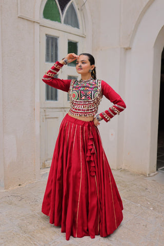 Maroon Navratri Special Roman Fabric Lehenga Choli with Kutchi Gamthi & Mirror Work ClothsVilla