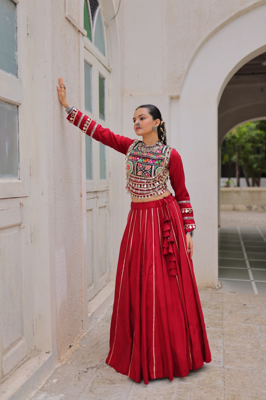 Maroon Navratri Special Roman Fabric Lehenga Choli with Kutchi Gamthi & Mirror Work ClothsVilla