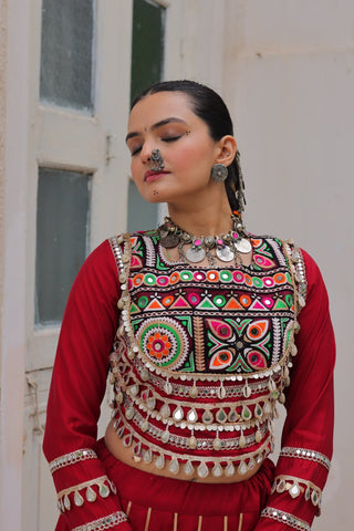 Maroon Navratri Special Roman Fabric Lehenga Choli with Kutchi Gamthi & Mirror Work ClothsVilla