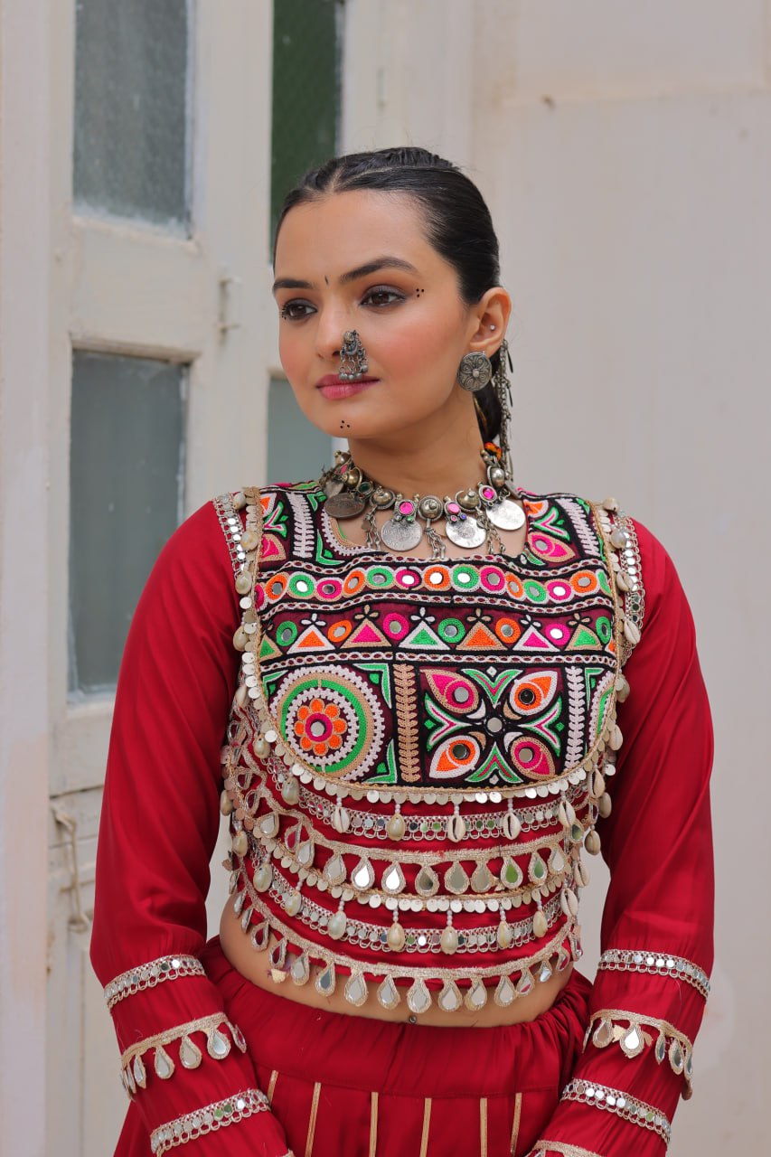 Maroon Navratri Special Roman Fabric Lehenga Choli with Kutchi Gamthi & Mirror Work ClothsVilla
