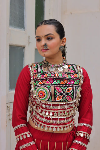 Maroon Navratri Special Roman Fabric Lehenga Choli with Kutchi Gamthi & Mirror Work ClothsVilla