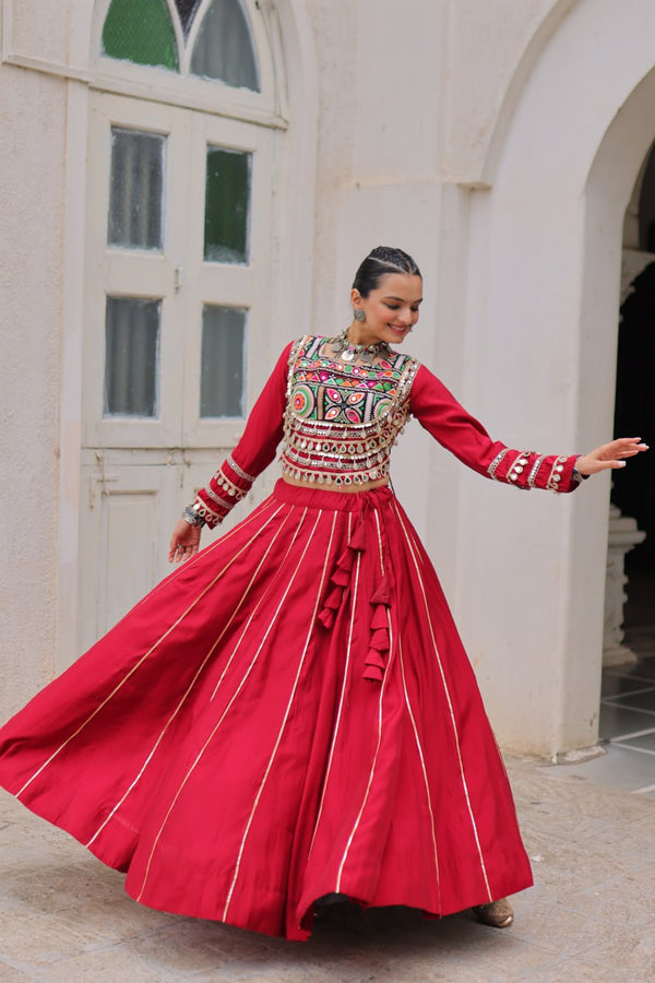 Maroon Navratri Special Roman Fabric Lehenga Choli with Kutchi Gamthi & Mirror Work ClothsVilla
