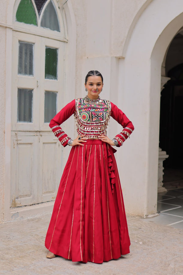 Maroon Navratri Special Roman Fabric Lehenga Choli with Kutchi Gamthi & Mirror Work ClothsVilla