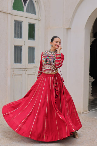 Maroon Navratri Special Roman Fabric Lehenga Choli with Kutchi Gamthi & Mirror Work ClothsVilla