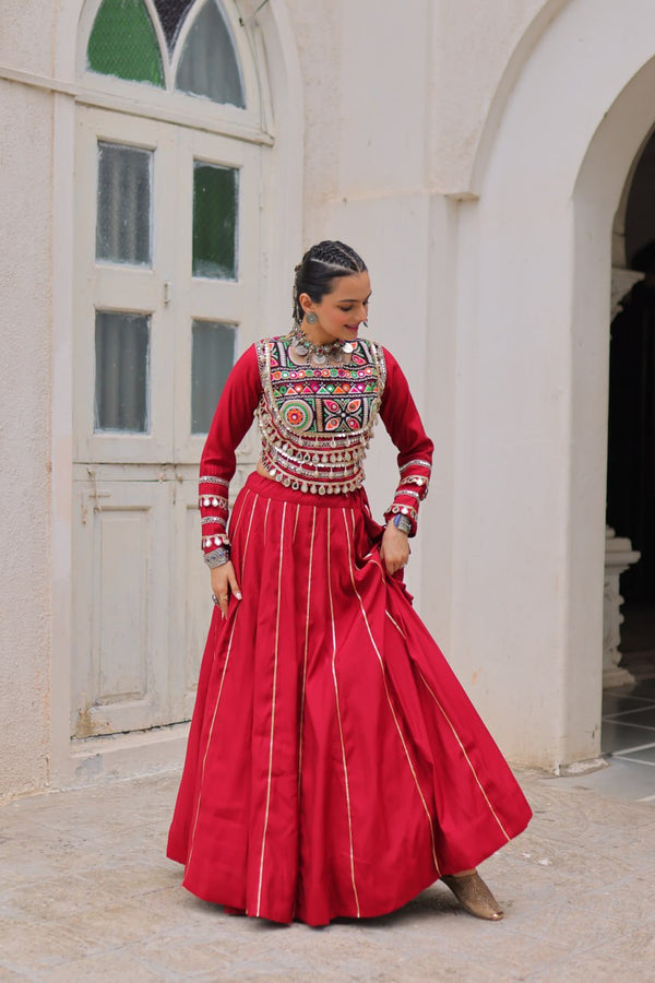 Maroon Navratri Special Roman Fabric Lehenga Choli with Kutchi Gamthi & Mirror Work ClothsVilla