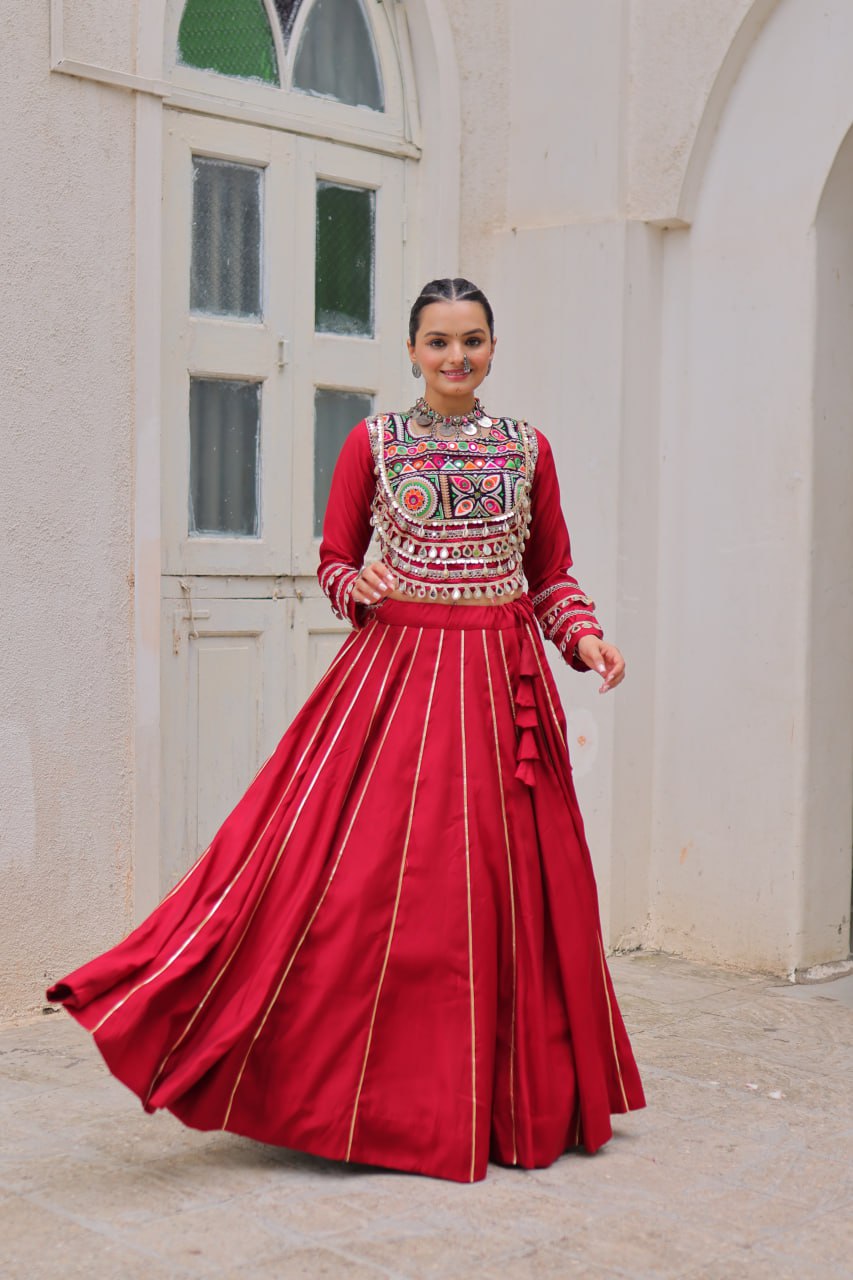 Maroon Navratri Special Roman Fabric Lehenga Choli with Kutchi Gamthi & Mirror Work ClothsVilla