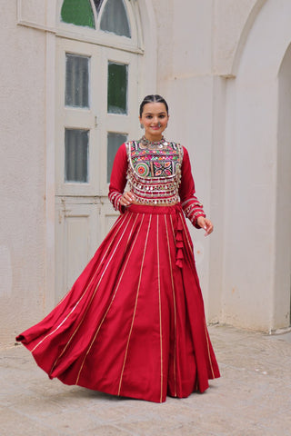 Maroon Navratri Special Roman Fabric Lehenga Choli with Kutchi Gamthi & Mirror Work ClothsVilla