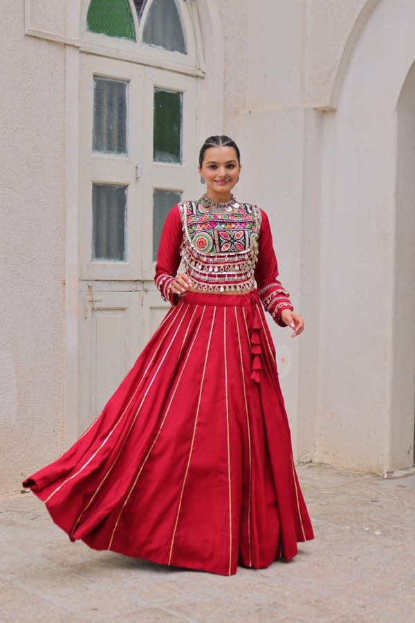 Maroon Navratri Special Roman Fabric Lehenga Choli with Kutchi Gamthi & Mirror Work ClothsVilla