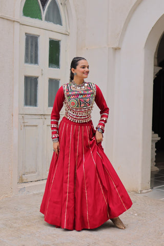 Maroon Navratri Special Roman Fabric Lehenga Choli with Kutchi Gamthi & Mirror Work ClothsVilla