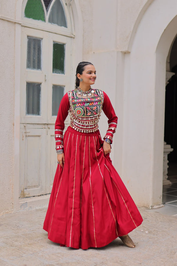 Maroon Navratri Special Roman Fabric Lehenga Choli with Kutchi Gamthi & Mirror Work ClothsVilla