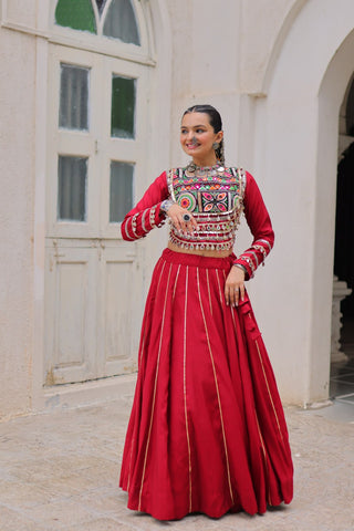 Maroon Navratri Special Roman Fabric Lehenga Choli with Kutchi Gamthi & Mirror Work ClothsVilla