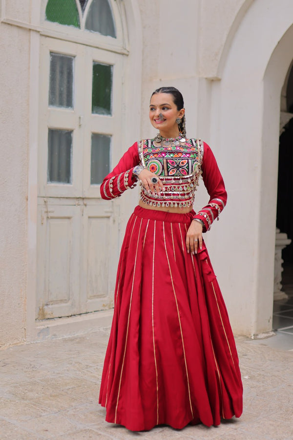 Maroon Navratri Special Roman Fabric Lehenga Choli with Kutchi Gamthi & Mirror Work ClothsVilla