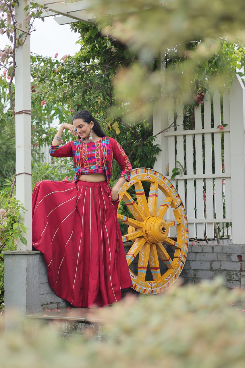 Maroon Navratri Special Roman Fabric Lehenga Set with Kutchi Gamthi Embroidery & Gota Patti Lace ClothsVilla