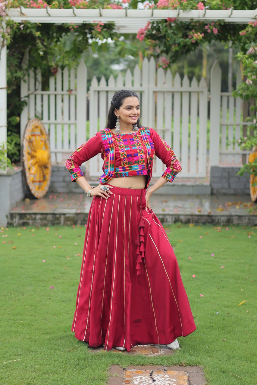 Maroon Navratri Special Roman Fabric Lehenga Set with Kutchi Gamthi Embroidery & Gota Patti Lace ClothsVilla