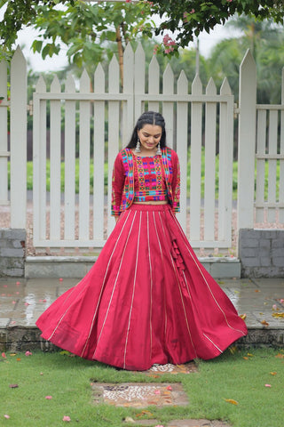 Maroon Navratri Special Roman Fabric Lehenga Set with Kutchi Gamthi Embroidery & Gota Patti Lace ClothsVilla