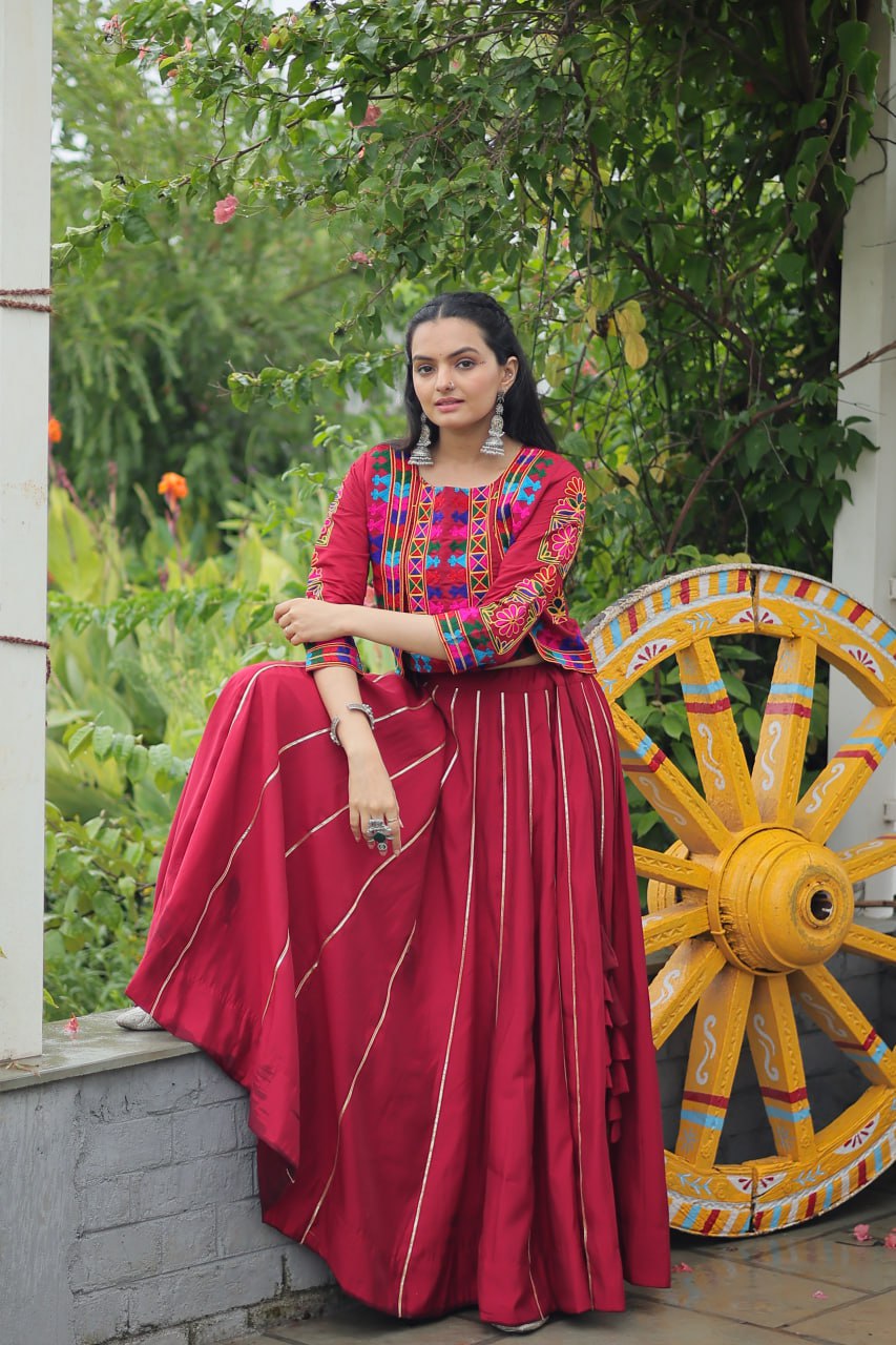 Maroon Navratri Special Roman Fabric Lehenga Set with Kutchi Gamthi Embroidery & Gota Patti Lace ClothsVilla