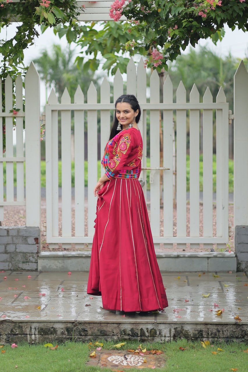 Maroon Navratri Special Roman Fabric Lehenga Set with Kutchi Gamthi Embroidery & Gota Patti Lace ClothsVilla