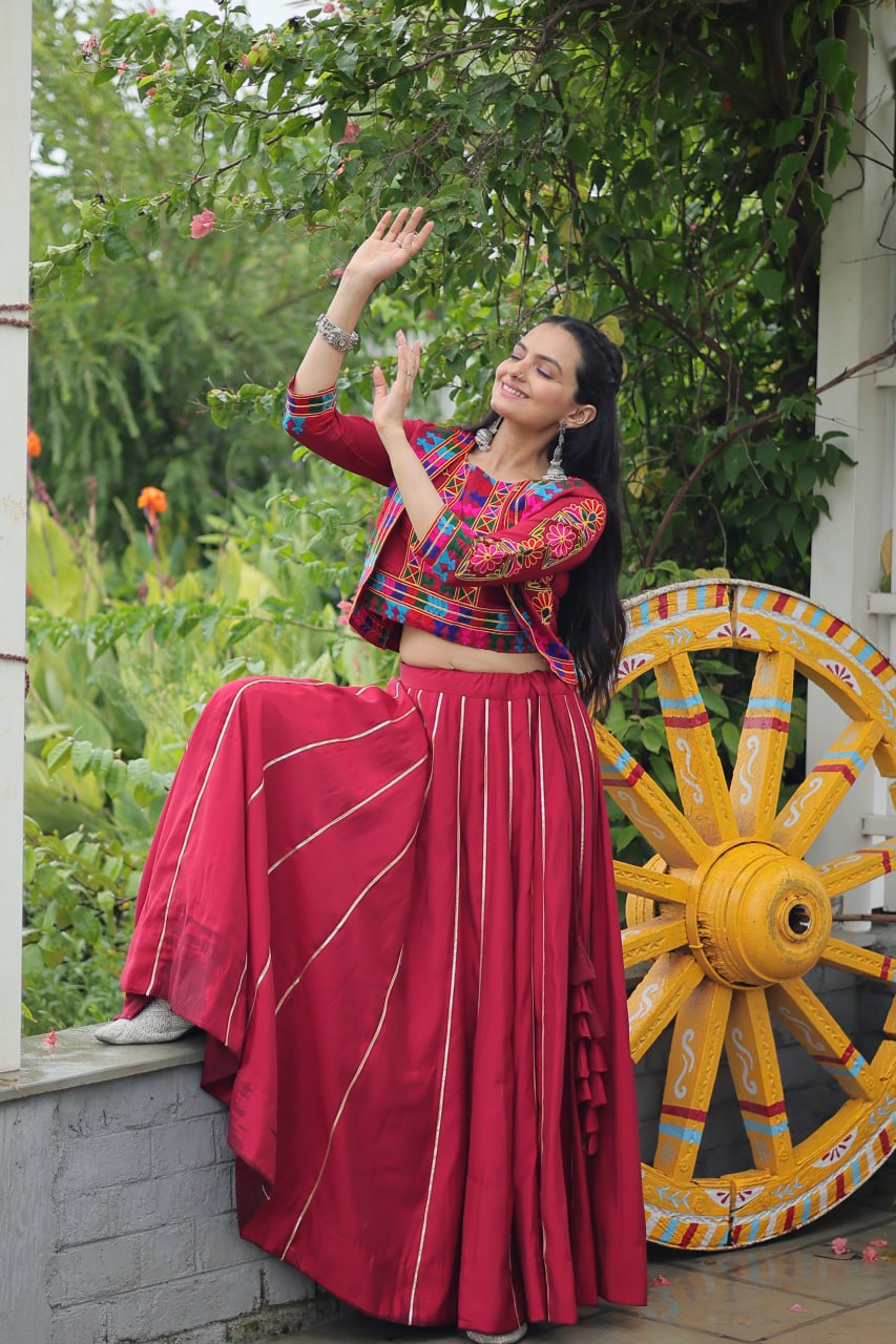 Maroon Navratri Special Roman Fabric Lehenga Set with Kutchi Gamthi Embroidery & Gota Patti Lace ClothsVilla