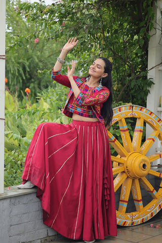 Maroon Navratri Special Roman Fabric Lehenga Set with Kutchi Gamthi Embroidery & Gota Patti Lace ClothsVilla