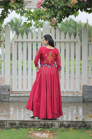 Maroon Navratri Special Roman Fabric Lehenga Set with Kutchi Gamthi Embroidery & Gota Patti Lace ClothsVilla