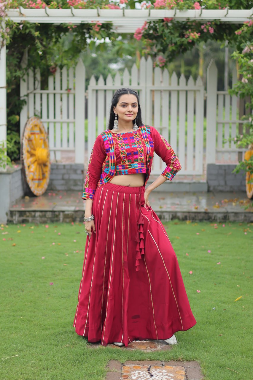 Maroon Navratri Special Roman Fabric Lehenga Set with Kutchi Gamthi Embroidery & Gota Patti Lace ClothsVilla