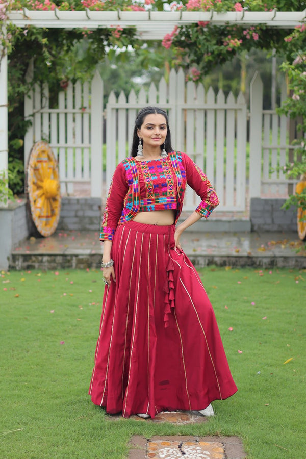 Maroon Navratri Special Roman Fabric Lehenga Set with Kutchi Gamthi Embroidery & Gota Patti Lace ClothsVilla