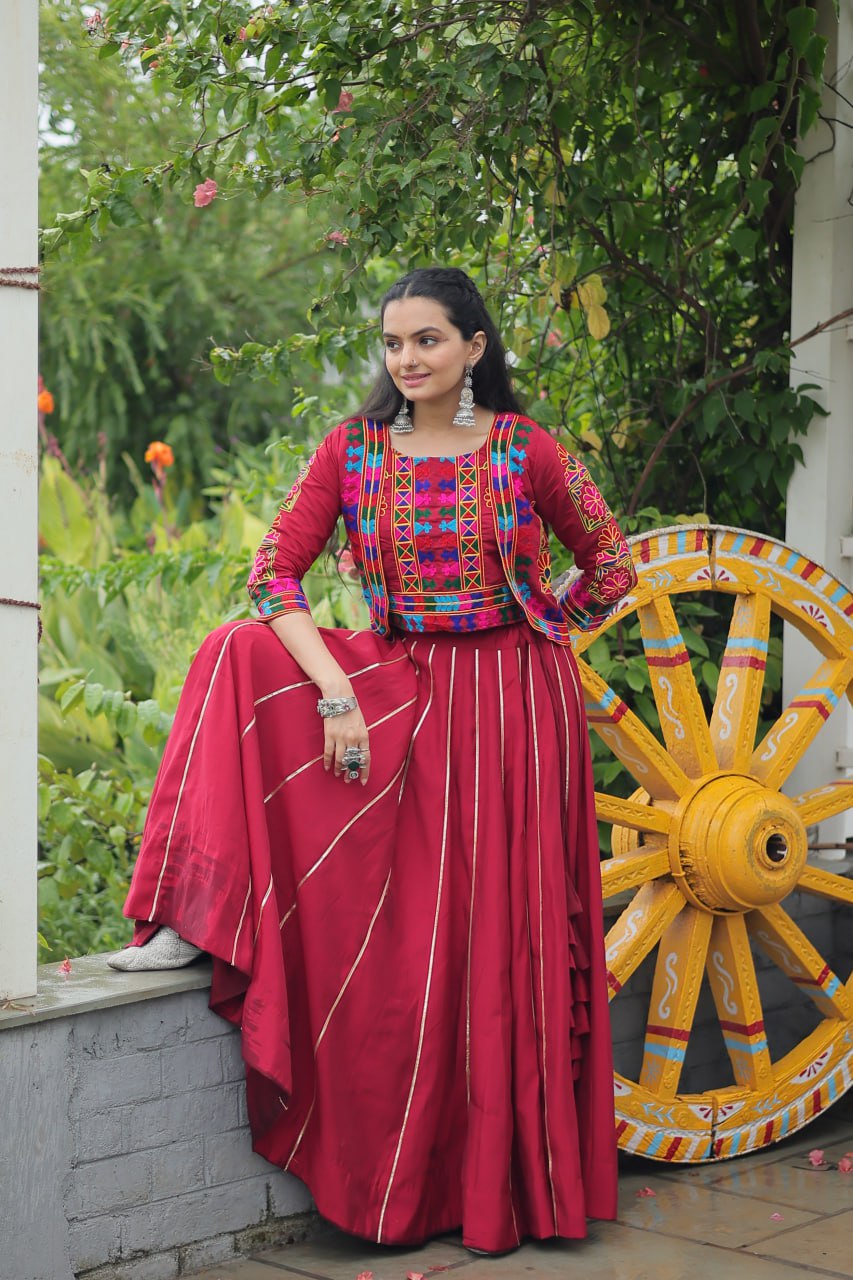 Maroon Navratri Special Roman Fabric Lehenga Set with Kutchi Gamthi Embroidery & Gota Patti Lace ClothsVilla
