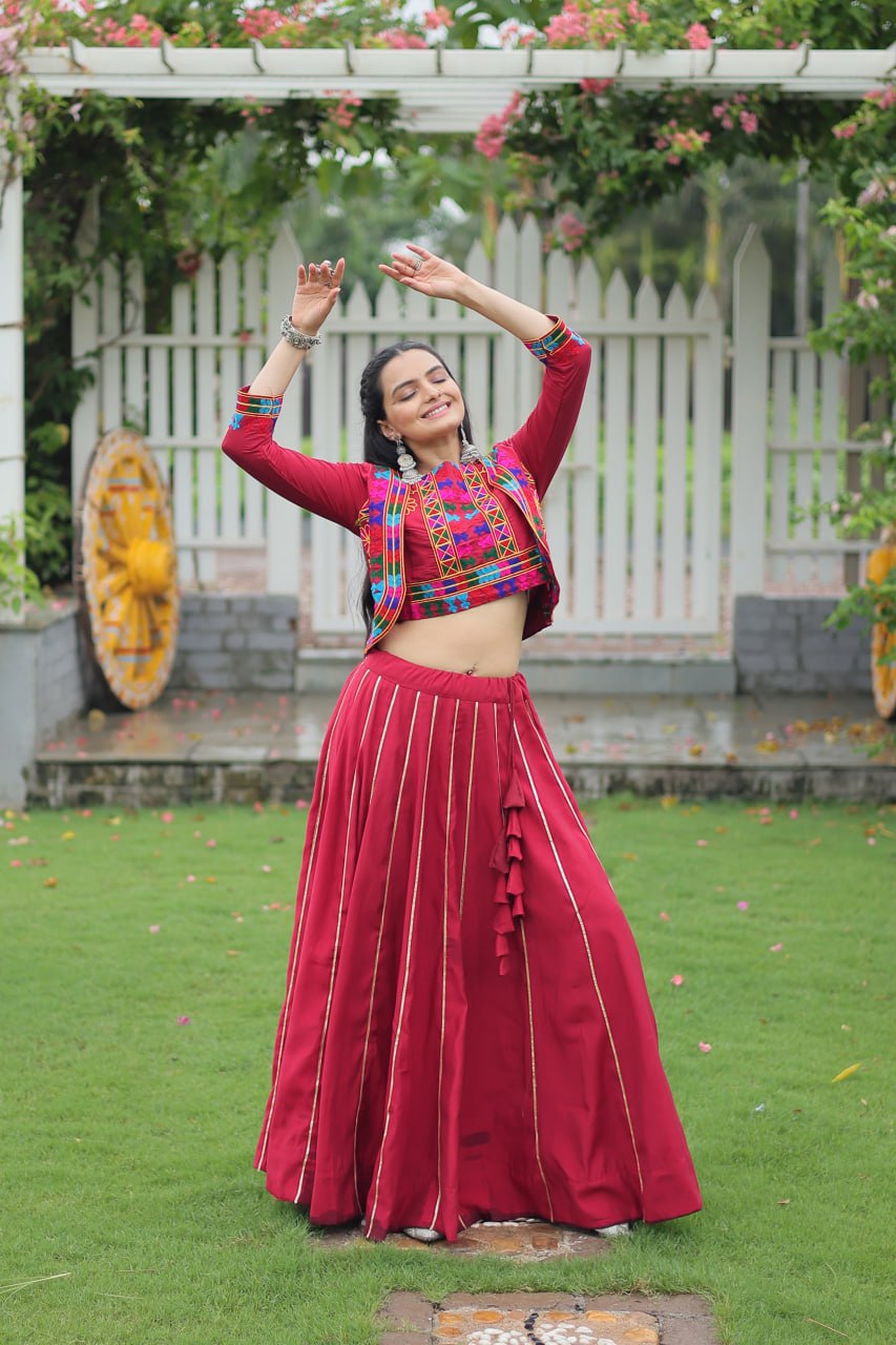 Maroon Navratri Special Roman Fabric Lehenga Set with Kutchi Gamthi Embroidery & Gota Patti Lace ClothsVilla