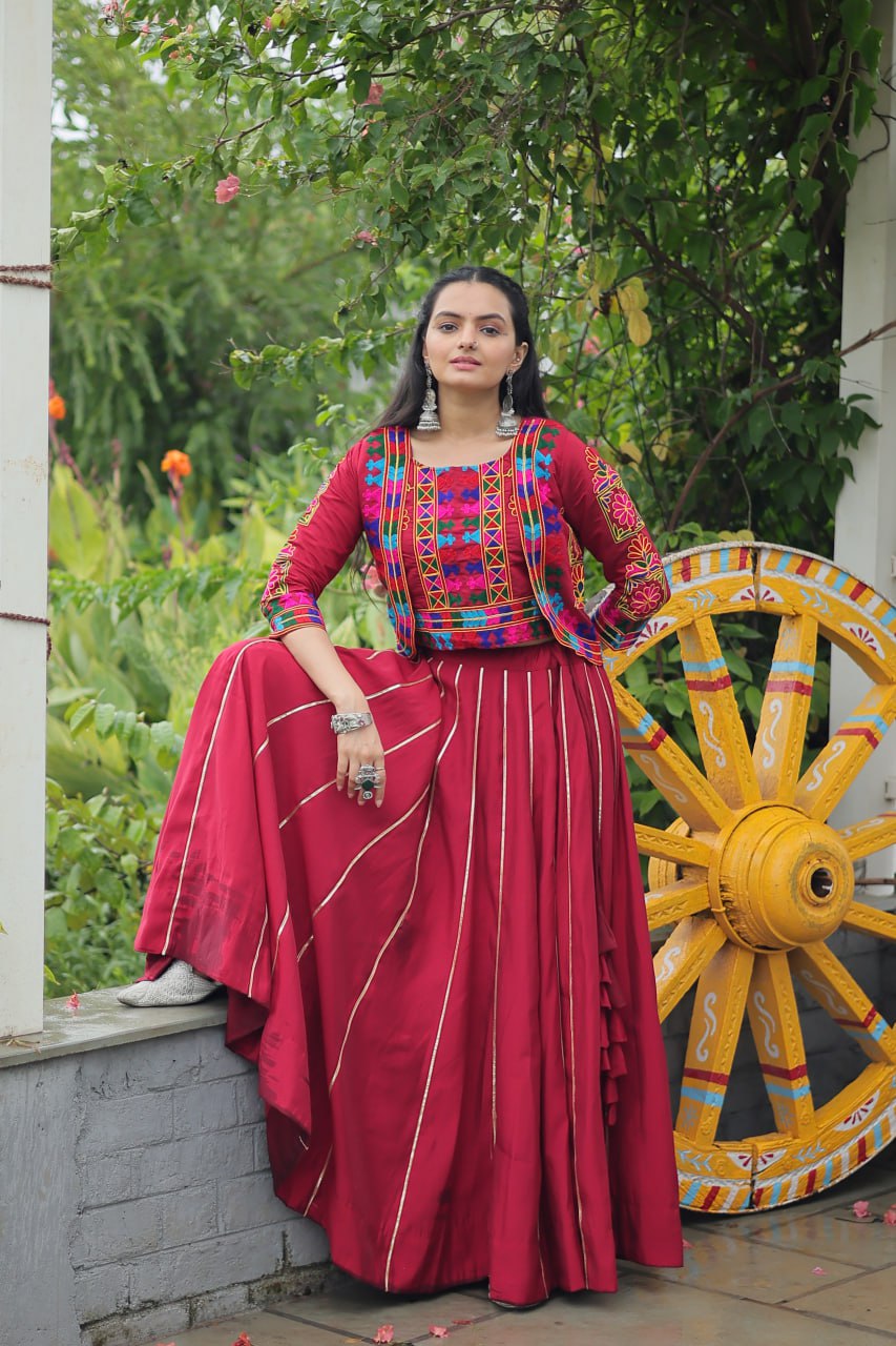 Maroon Navratri Special Roman Fabric Lehenga Set with Kutchi Gamthi Embroidery & Gota Patti Lace ClothsVilla