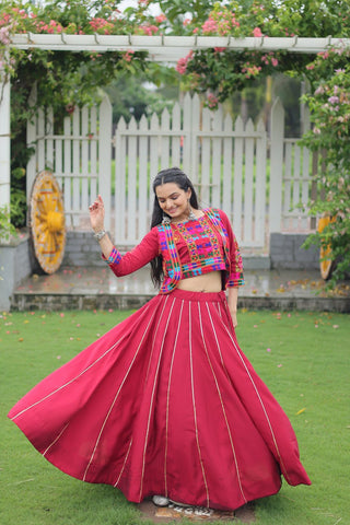 Maroon Navratri Special Roman Fabric Lehenga Set with Kutchi Gamthi Embroidery & Gota Patti Lace ClothsVilla