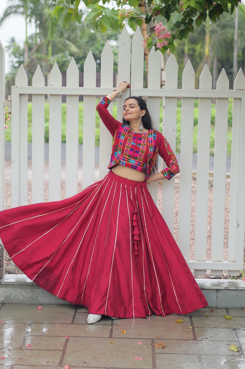 Maroon Navratri Special Roman Fabric Lehenga Set with Kutchi Gamthi Embroidery & Gota Patti Lace ClothsVilla