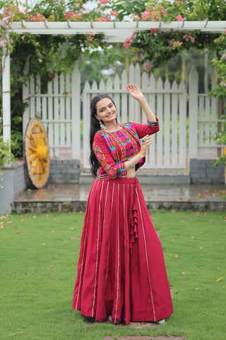 Maroon Navratri Special Roman Fabric Lehenga Set with Kutchi Gamthi Embroidery & Gota Patti Lace ClothsVilla