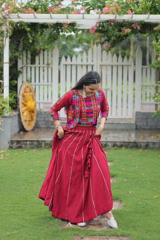 Maroon Navratri Special Roman Fabric Lehenga Set with Kutchi Gamthi Embroidery & Gota Patti Lace ClothsVilla