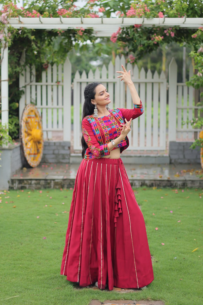 Maroon Navratri Special Roman Fabric Lehenga Set with Kutchi Gamthi Embroidery & Gota Patti Lace ClothsVilla