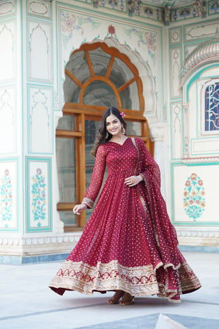 Maroon Nylon Jacquard Readymade Gown with Dupatta Set - Embroidery & Zari Sequin Work ClothsVilla