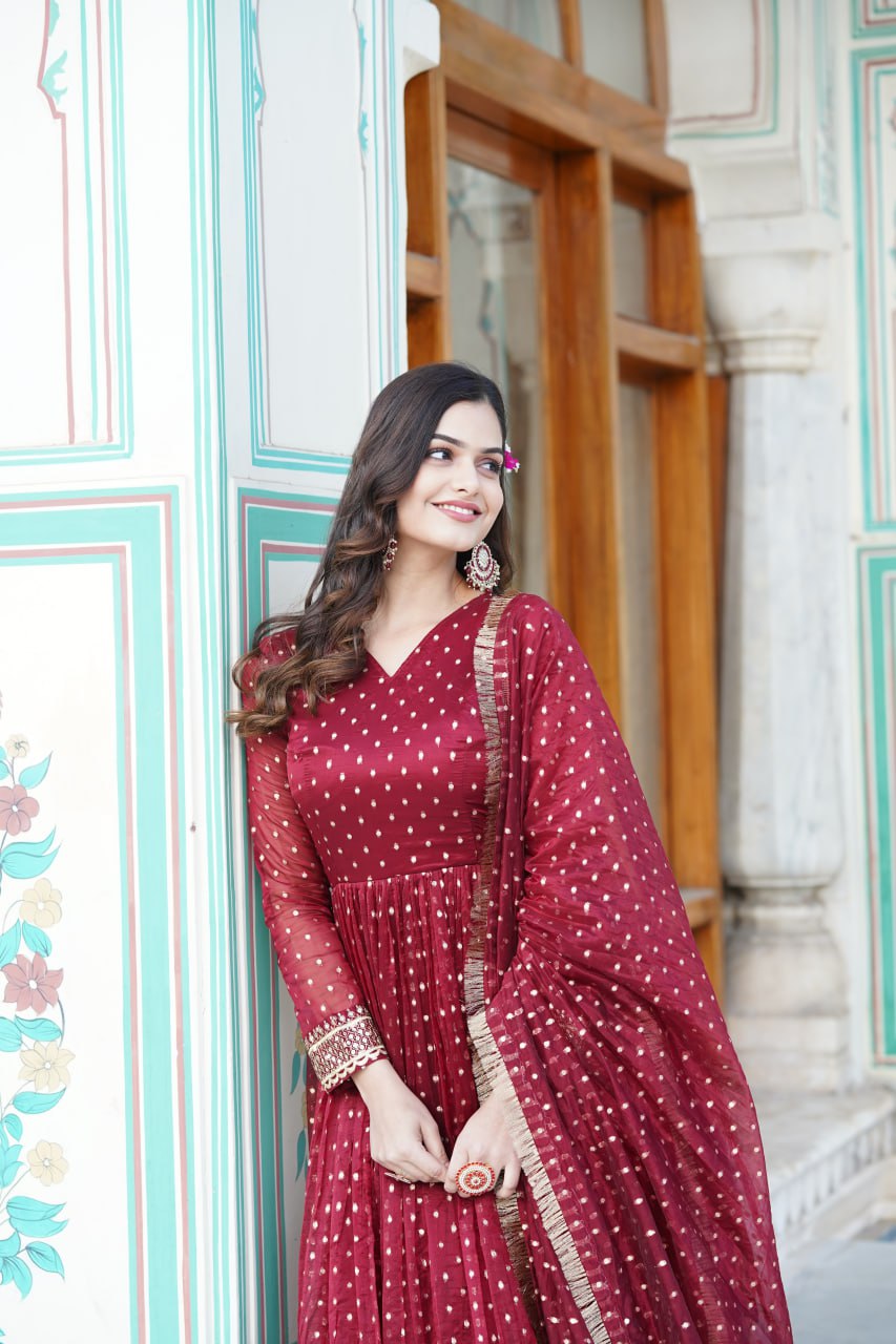 Maroon Nylon Jacquard Readymade Gown with Dupatta Set - Embroidery & Zari Sequin Work ClothsVilla