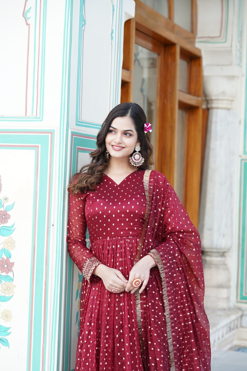 Maroon Nylon Jacquard Readymade Gown with Dupatta Set - Embroidery & Zari Sequin Work ClothsVilla