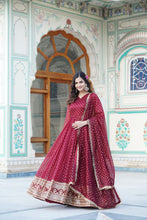 Load image into Gallery viewer, Maroon Nylon Jacquard Readymade Gown with Dupatta Set - Embroidery &amp; Zari Sequin Work ClothsVilla