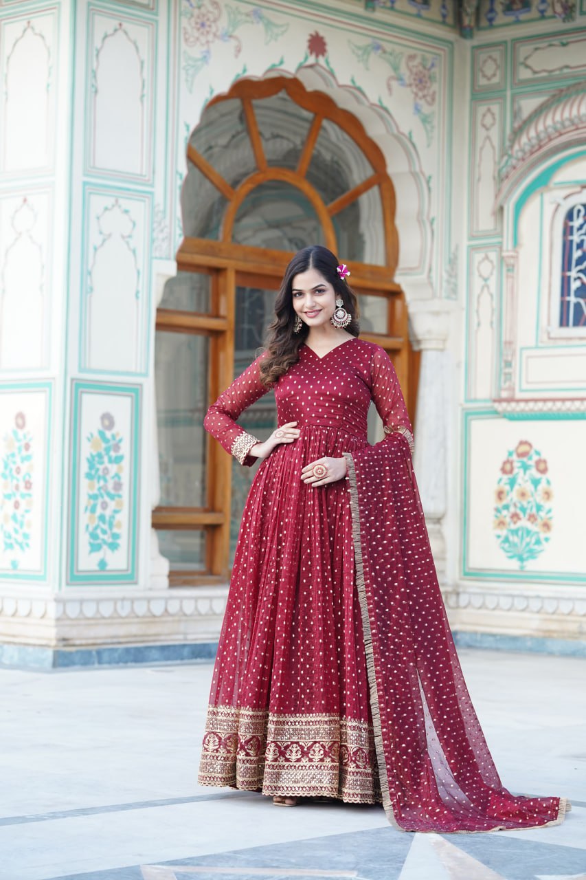 Maroon Nylon Jacquard Readymade Gown with Dupatta Set - Embroidery & Zari Sequin Work ClothsVilla