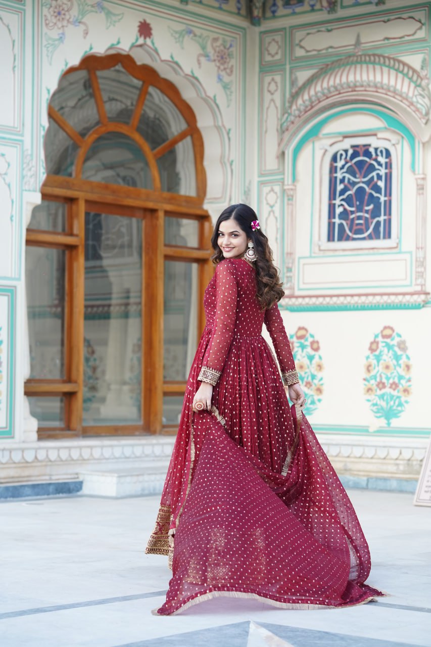 Maroon Nylon Jacquard Readymade Gown with Dupatta Set - Embroidery & Zari Sequin Work ClothsVilla